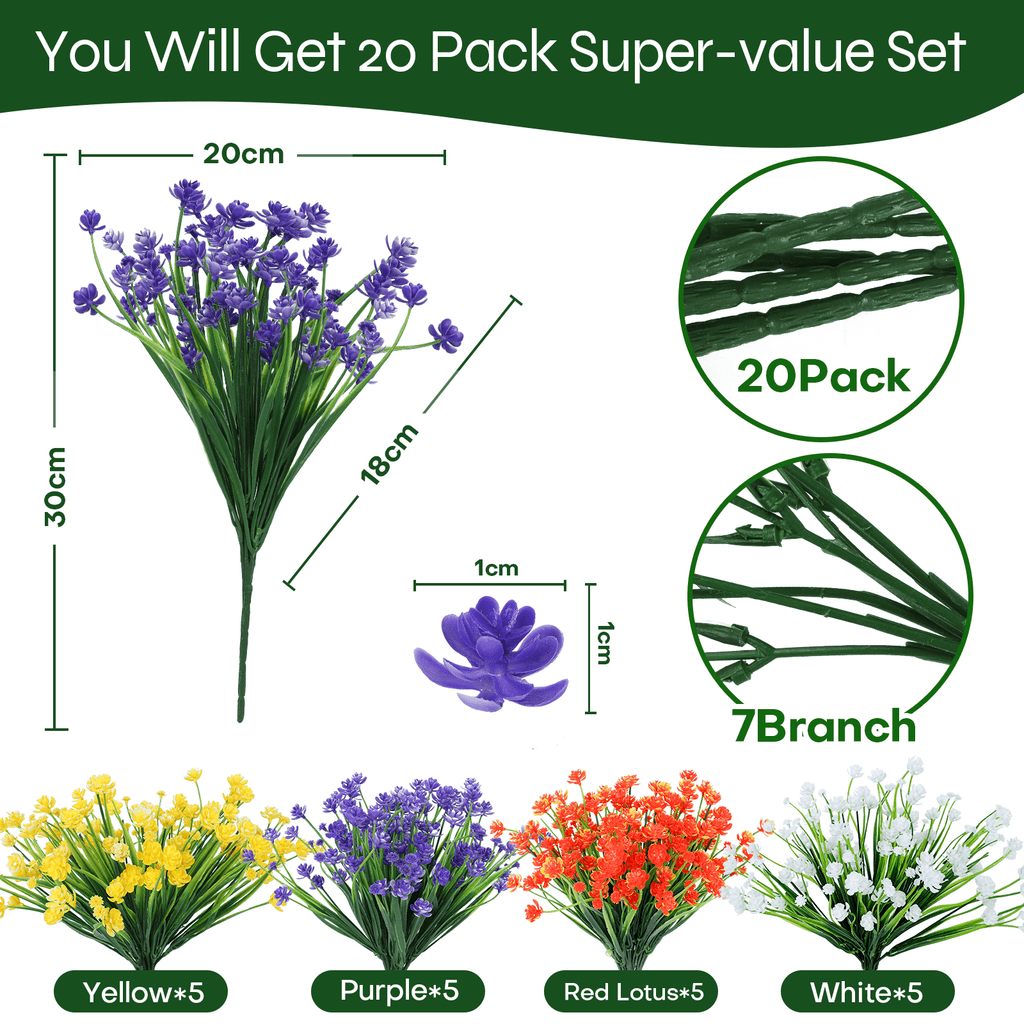 Retrocular 20 Bundles Artificial Flowers Outdoors, Fake Flowers Faux Plastic Plants Spring Summer Decoration for Home Garden Porch