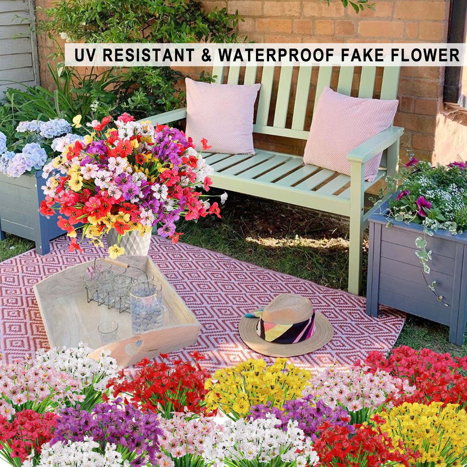 Retrocular 24 Bundles Artificial Flowers Outdoor, Faux Silk Flowers Fake Plants Spring Summer Decoration for Home Garden Porch