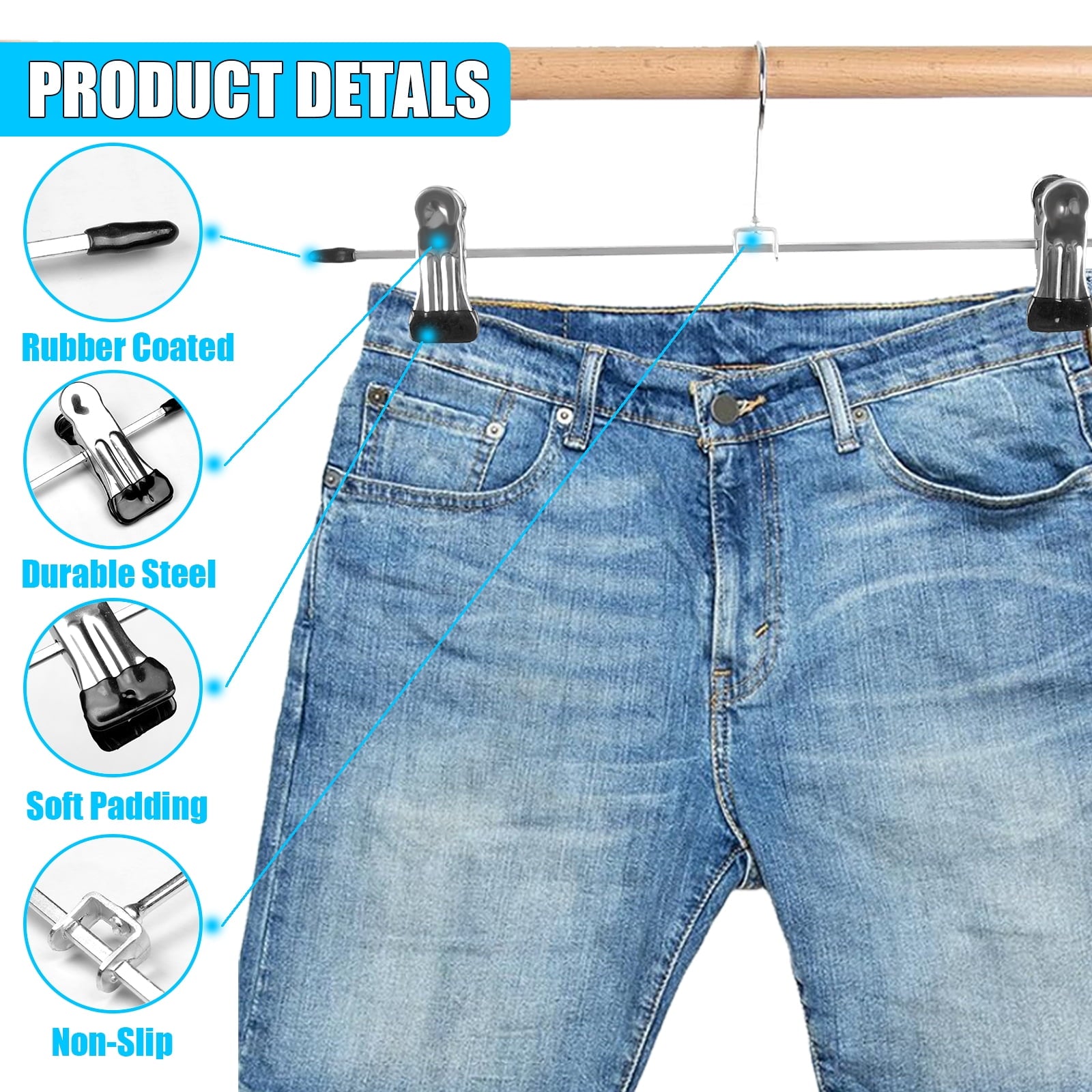 Retrocular 30 Pack Clothes Hangers Space Saving, 9-11" Non Slip Stainless Steel Metal Pants Skirt Hangers with Clips