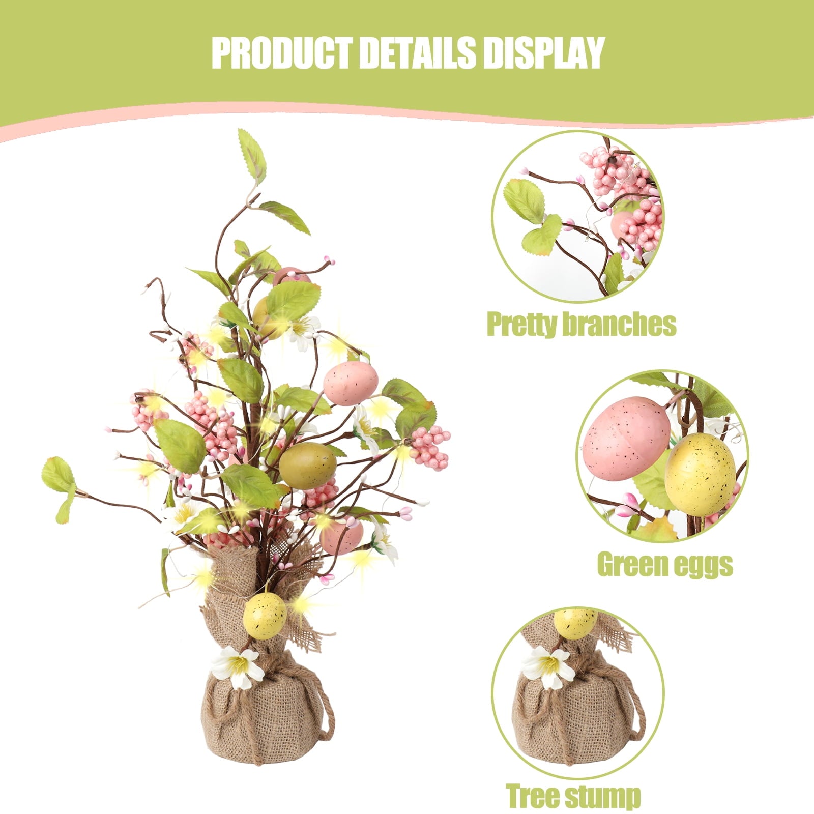 Retrocular Easter Decorations, 18" Pre-Lit Easter Egg Artificial Tree Table Decor with light for Home Party Holiday Spring Summer Decoration