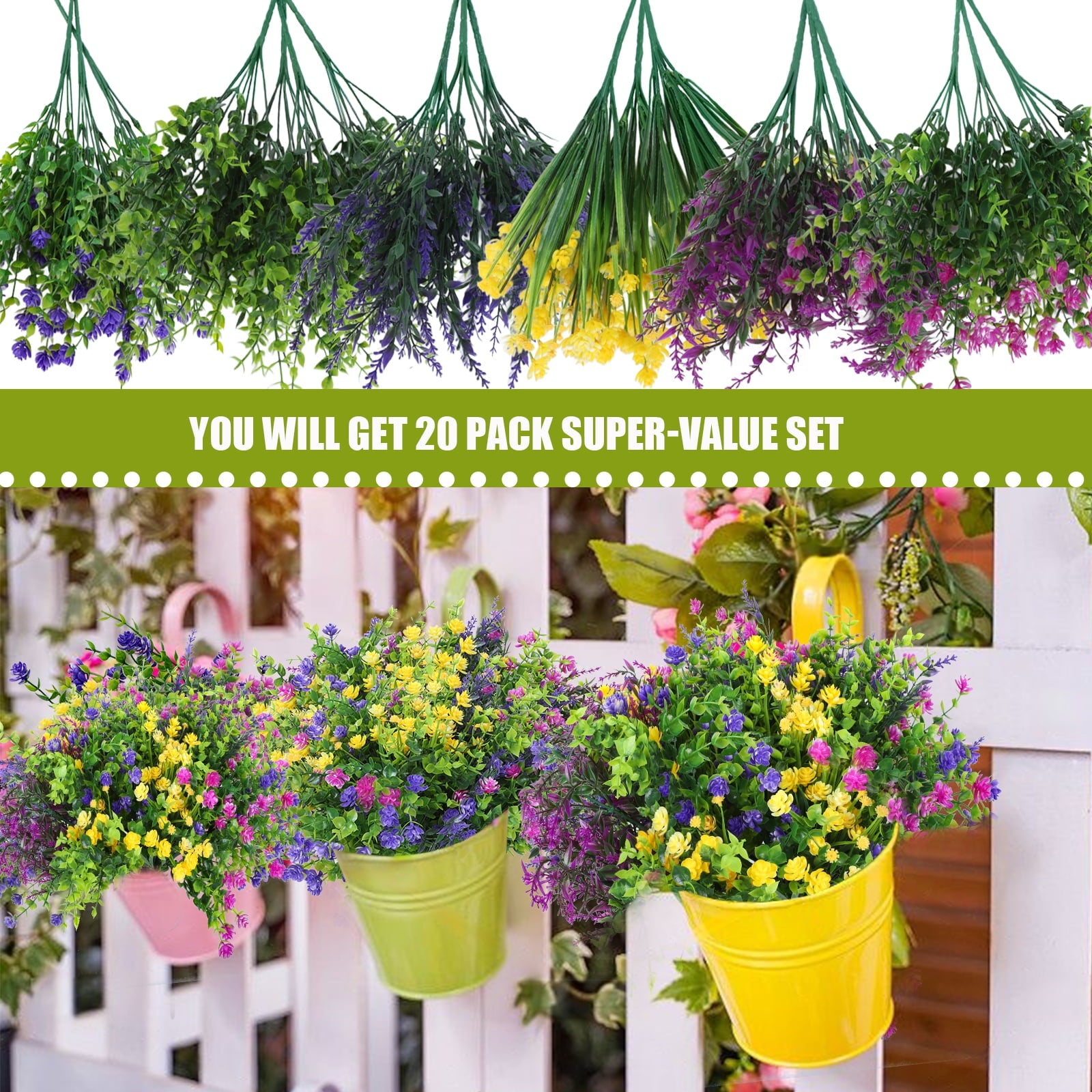 Retrocular 20 Bundles Artificial Flowers Outdoor, Fake Plastic Flowers Faux Plants Spring Summer Decoration for Home Garden Porch