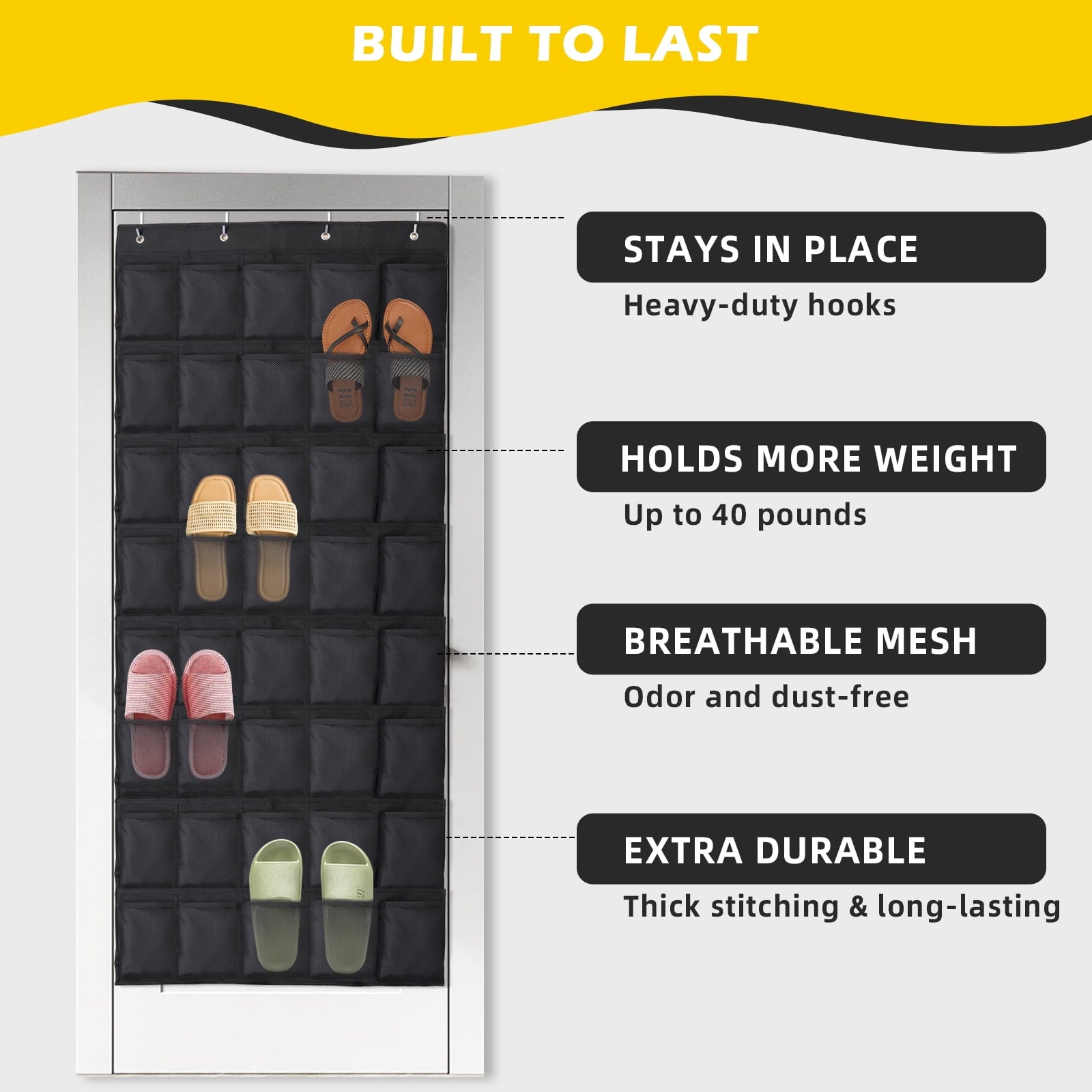 Retrocular 40 Pockets Over the Door Shoe Organizer, Hanging Mesh Pockets Shoe Rack Storage Closet Organizer, Black