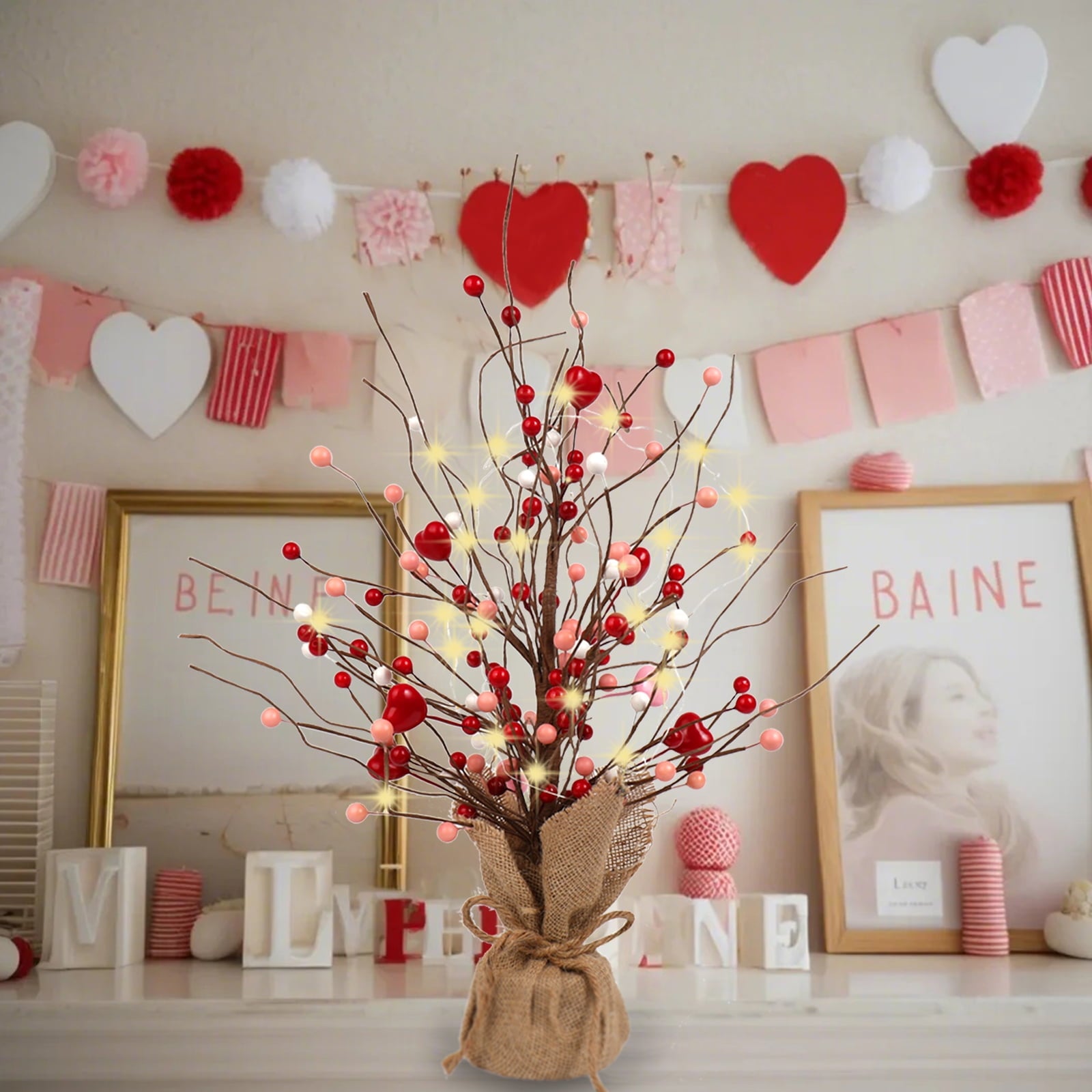 Retrocular 19" Artificial Tree Decoration, Heart Table Tree Decorative Red Berries for Mother's Day Valentines Day Party Festival Home Decor