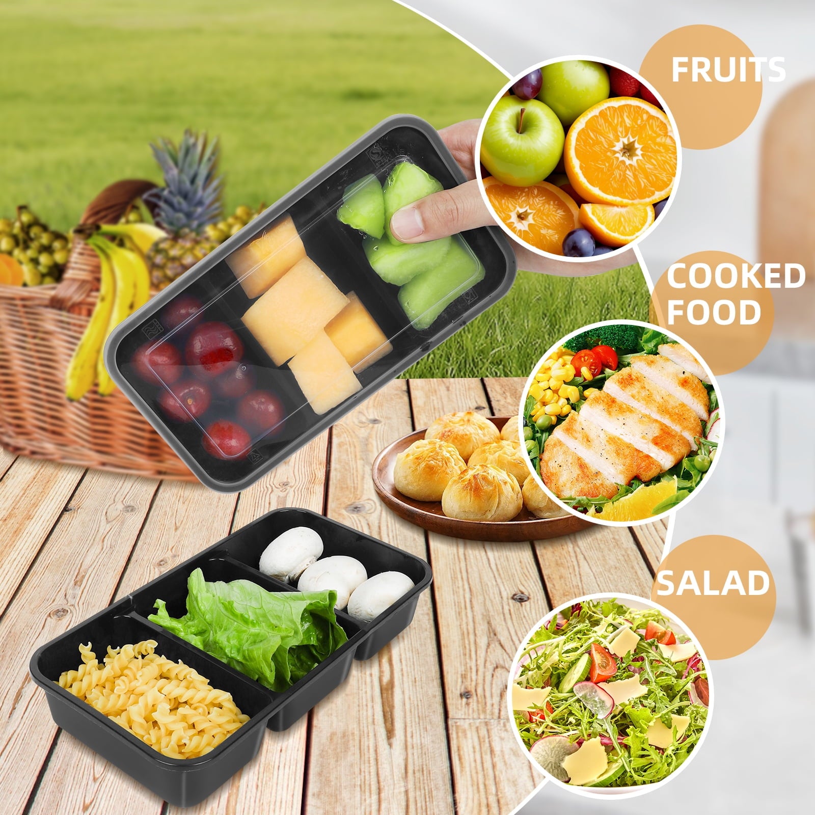 Retrocular 30 Pack 20 oz Meal Prep Containers with Lids, 3 Compartments Disposable Plastic Bento Boxes Reusable Stackable Food Containers Travel Lunch Boxes (Black)