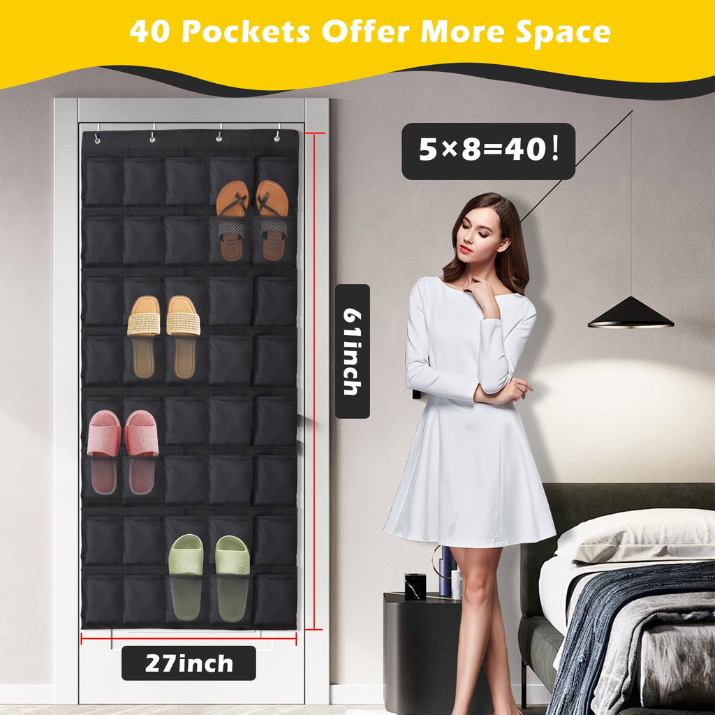Retrocular 40 Pockets Over the Door Shoe Organizer, Hanging Mesh Pockets Shoe Rack Storage Closet Organizer, Black