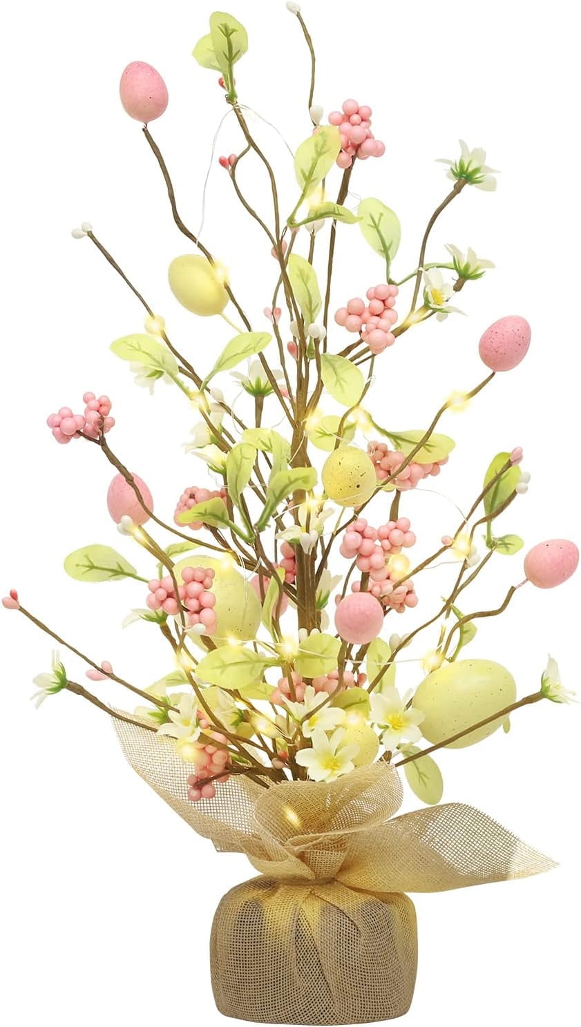 Retrocular Easter Decorations, 18" Pre-Lit Easter Egg Artificial Tree Table Decor with light for Home Party Holiday Spring Summer Decoration