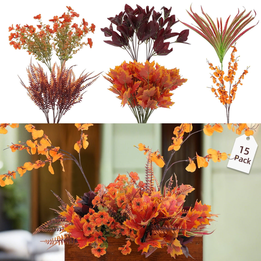 Retrocular 15 Bunches Artificial Fall Flowers Outdoor, Autumn Faux Plants Fake Orchid Flowers Fall Decorations for Home Garden