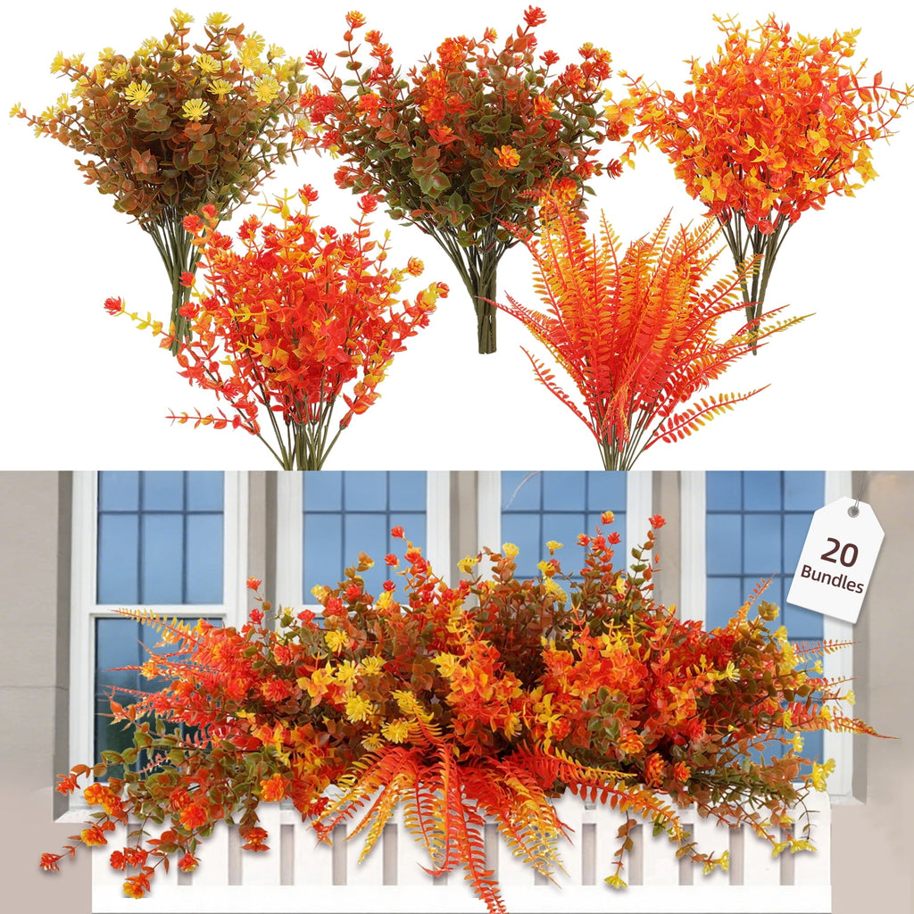 Retrocular 20 Bundles Artificial Fall Flowers Outdoor, Autumn Fake Plastic Flowers Faux Plants Fall Decoration for Home Garden Porch