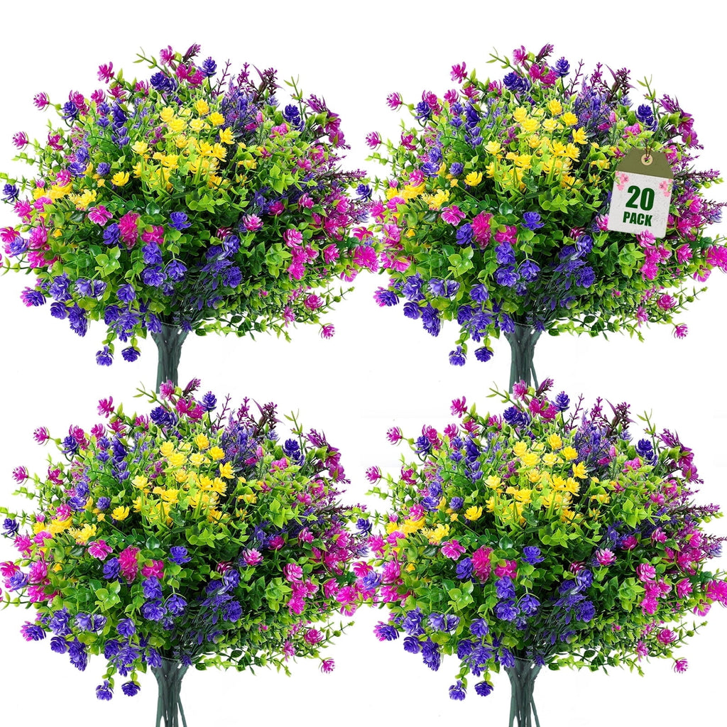 Retrocular 20 Bundles Artificial Flowers Outdoor, Fake Plastic Flowers Faux Plants Spring Summer Decoration for Home Garden Porch