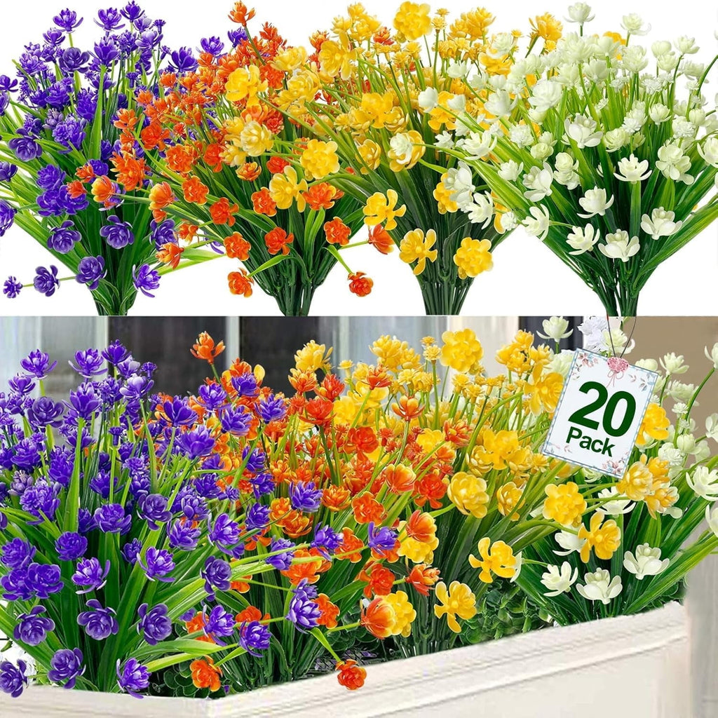 Retrocular 20 Bundles Artificial Flowers Outdoors, Fake Flowers Faux Plastic Plants Spring Summer Decoration for Home Garden Porch