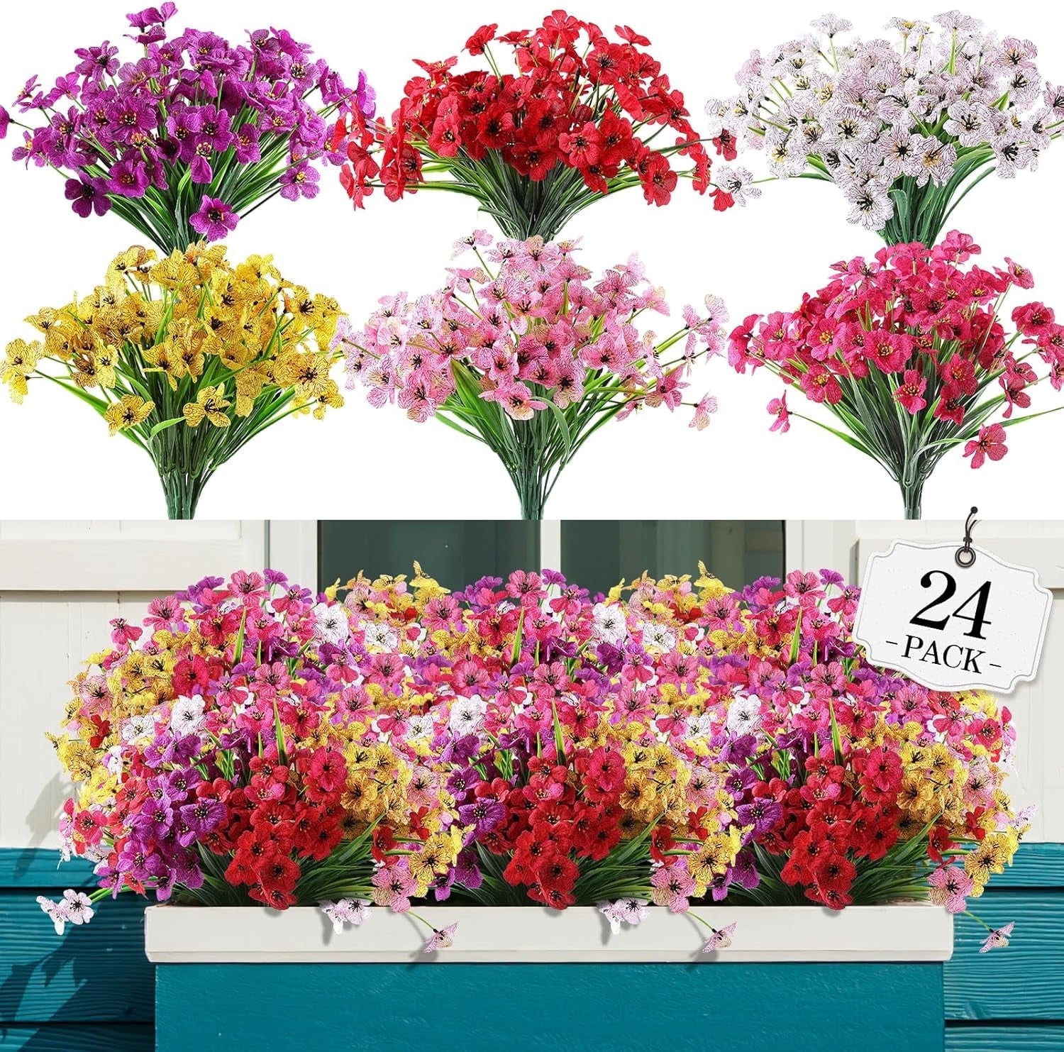 Retrocular 24 Bundles Artificial Flowers Outdoor, Faux Silk Flowers Fake Plants Spring Summer Decoration for Home Garden Porch