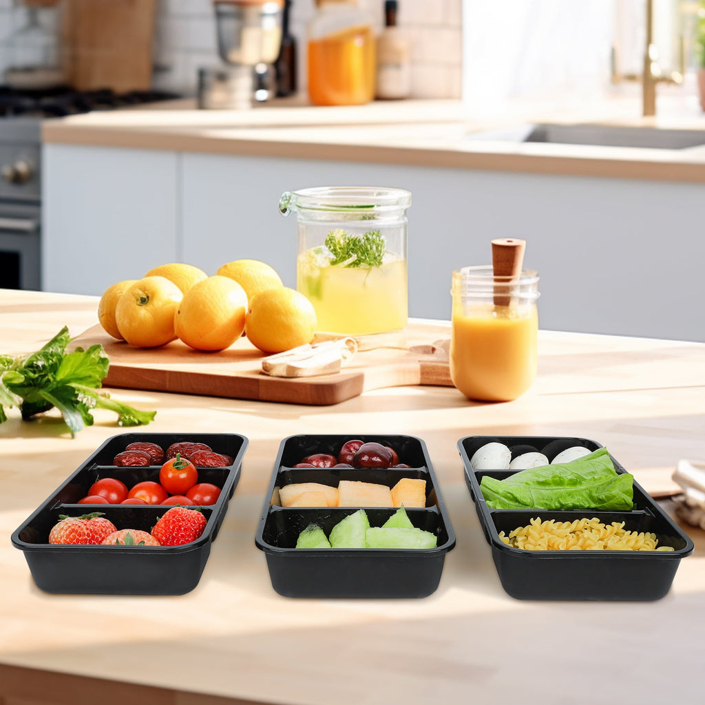 Retrocular 30 Pack 20 oz Meal Prep Containers with Lids, 3 Compartments Disposable Plastic Bento Boxes Reusable Stackable Food Containers Travel Lunch Boxes (Black)