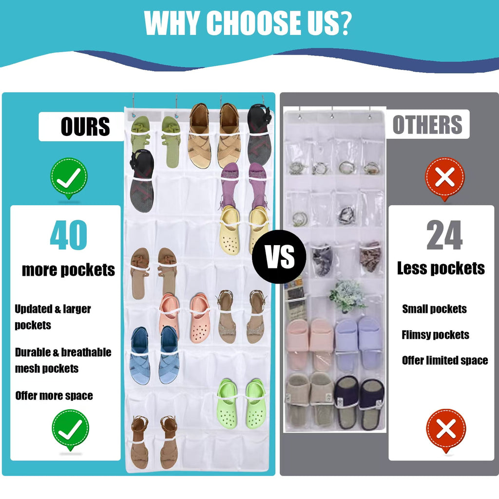Retrocular 40 Pockets Over the Door Shoe Organizer, Hanging Mesh Pockets Shoe Rack Storage Closet Organizer, White