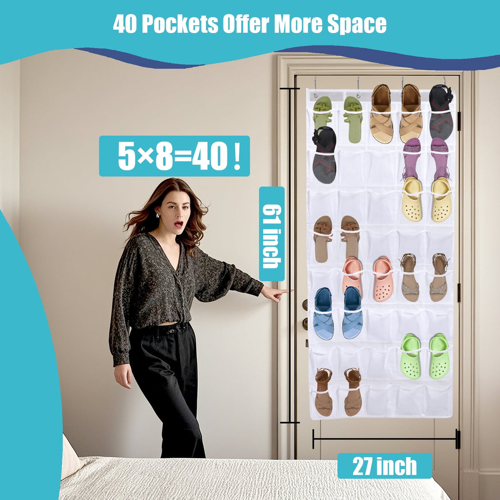 Retrocular 40 Pockets Over the Door Shoe Organizer, Hanging Mesh Pockets Shoe Rack Storage Closet Organizer, White