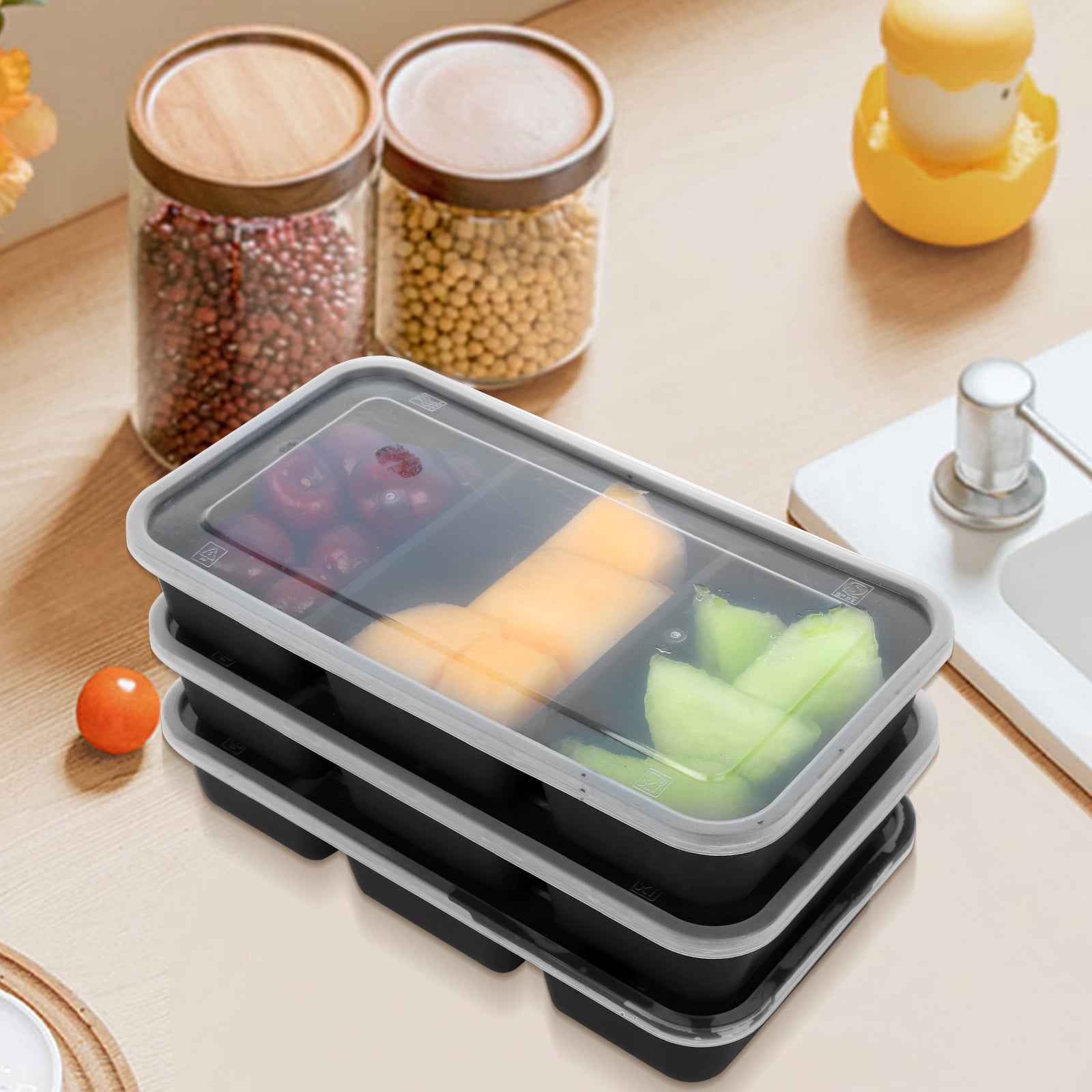 Retrocular 30 Pack 20 oz Meal Prep Containers with Lids, 3 Compartments Disposable Plastic Bento Boxes Reusable Stackable Food Containers Travel Lunch Boxes (Black)