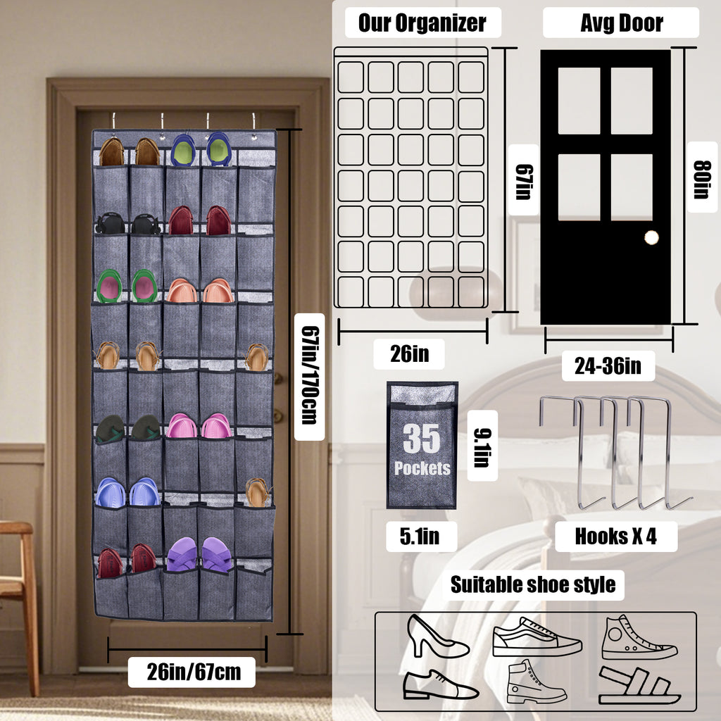 Retrocular Over the Door Shoe Organizer, 35 Pockets Hanging Rack Closet Shoe Organizers Storage, Black