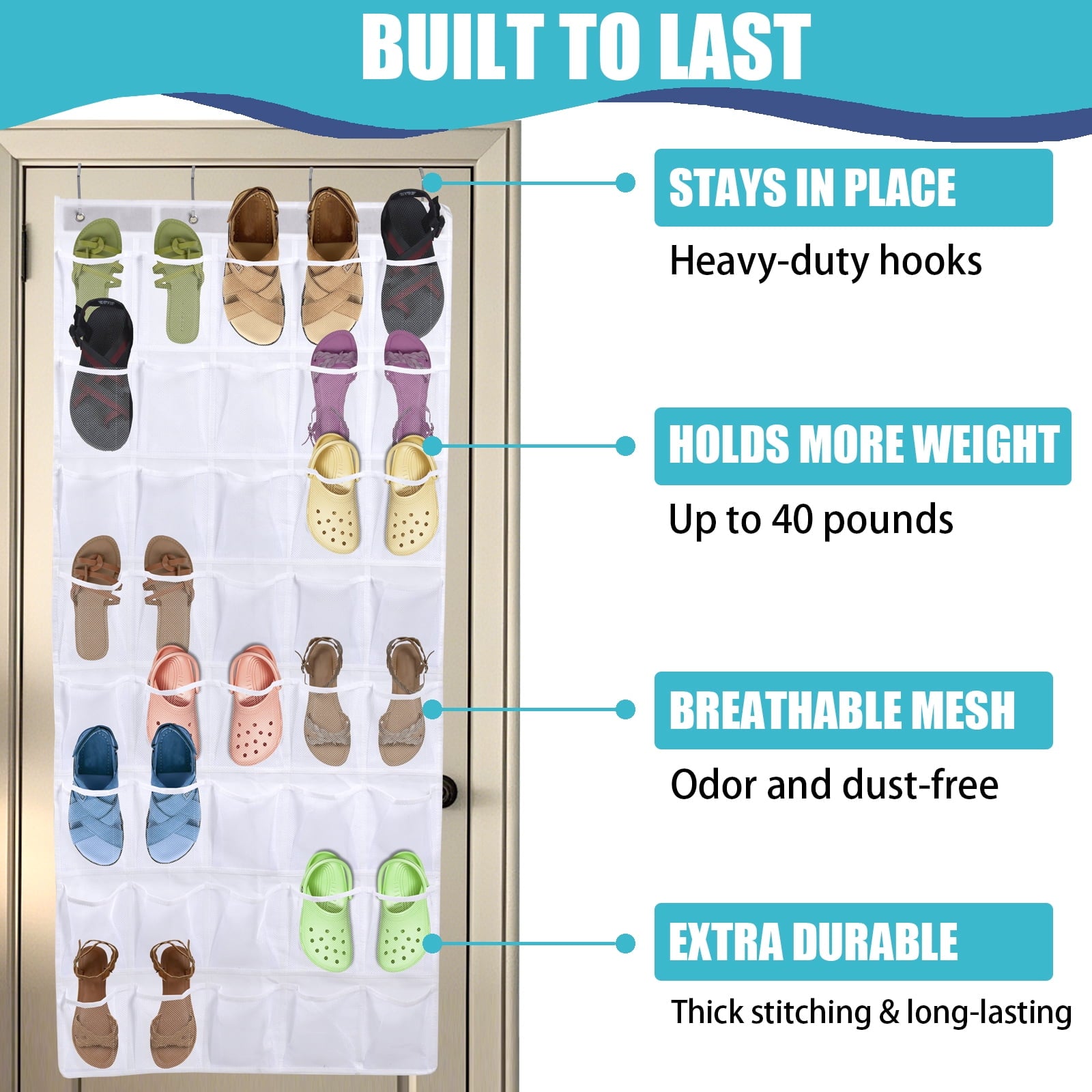 Retrocular 40 Pockets Over the Door Shoe Organizer, Hanging Mesh Pockets Shoe Rack Storage Closet Organizer, White