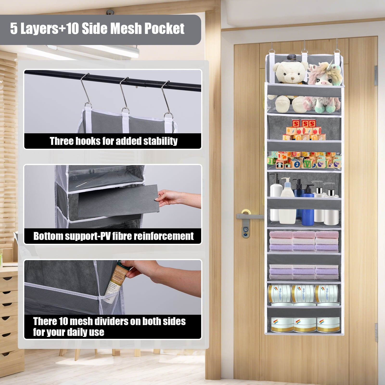 Retrocular 5 Tier Over the Door Shoe Racks Organizer with 10 Mesh Side Pockets, Hanging Closet Organizers and Storage