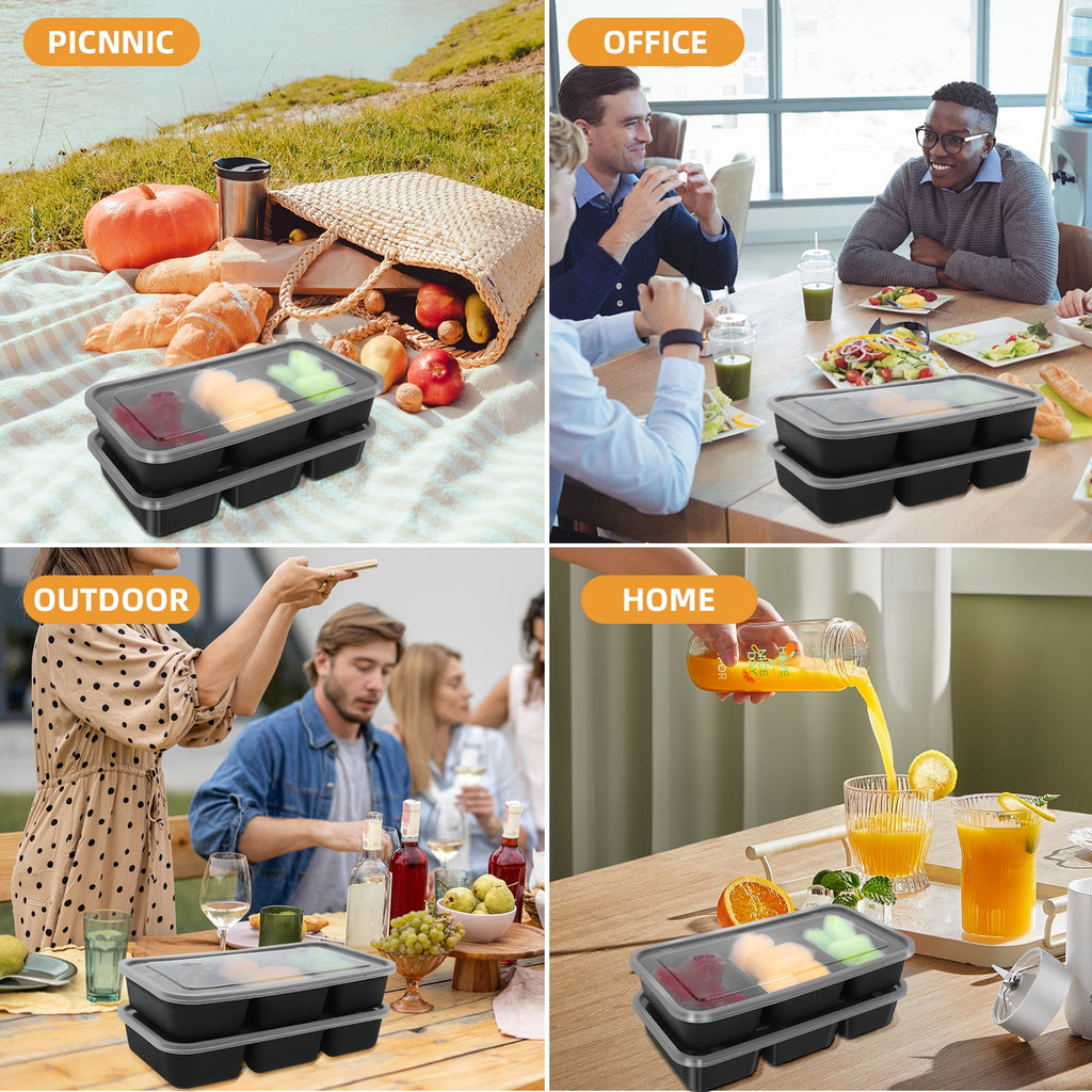 Retrocular 30 Pack 20 oz Meal Prep Containers with Lids, 3 Compartments Disposable Plastic Bento Boxes Reusable Stackable Food Containers Travel Lunch Boxes (Black)