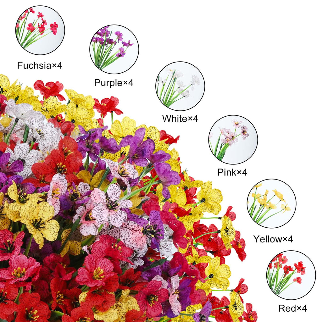 Retrocular 24 Bundles Artificial Flowers Outdoor, Faux Silk Flowers Fake Plants Spring Summer Decoration for Home Garden Porch