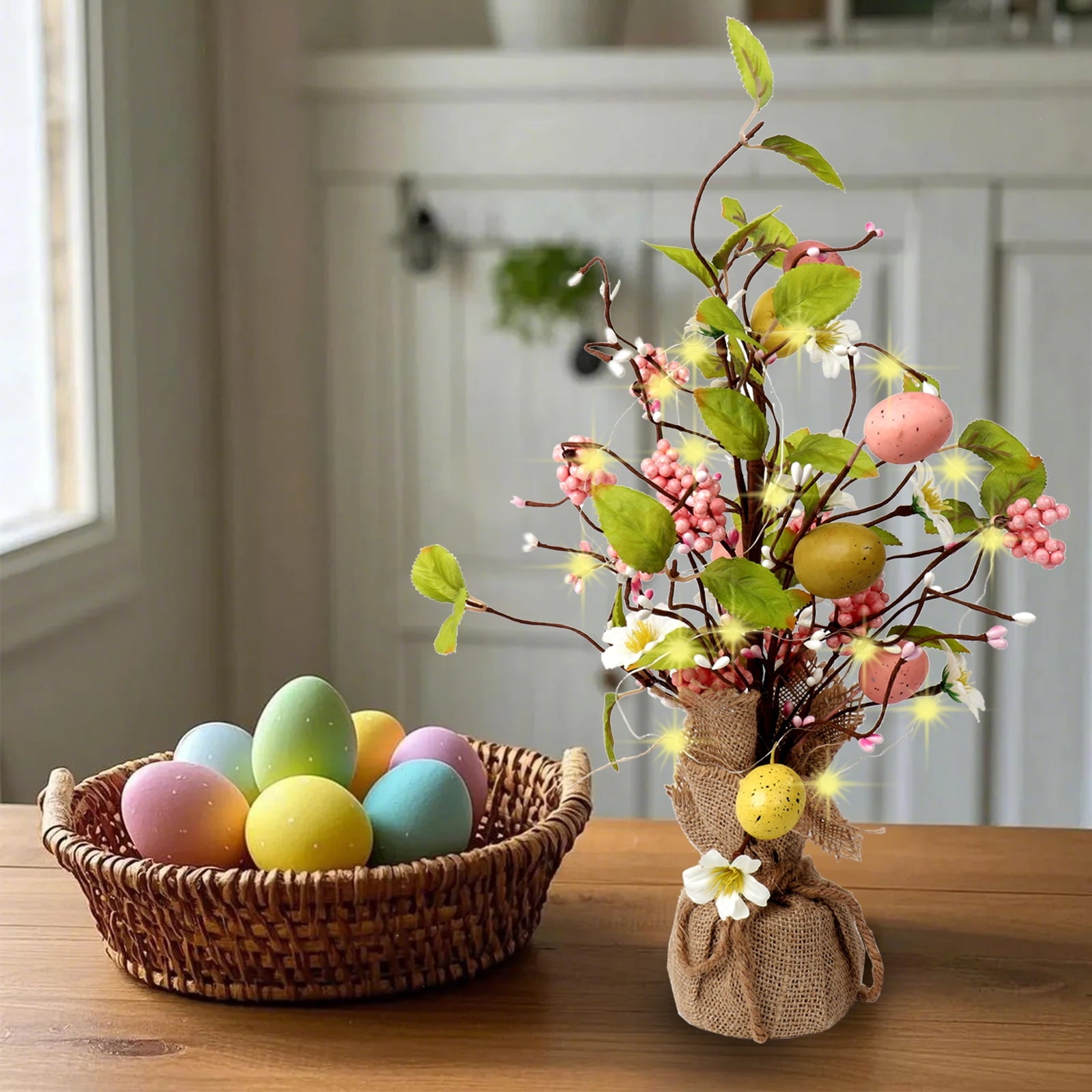 Retrocular Easter Decorations, 18" Pre-Lit Easter Egg Artificial Tree Table Decor with light for Home Party Holiday Spring Summer Decoration