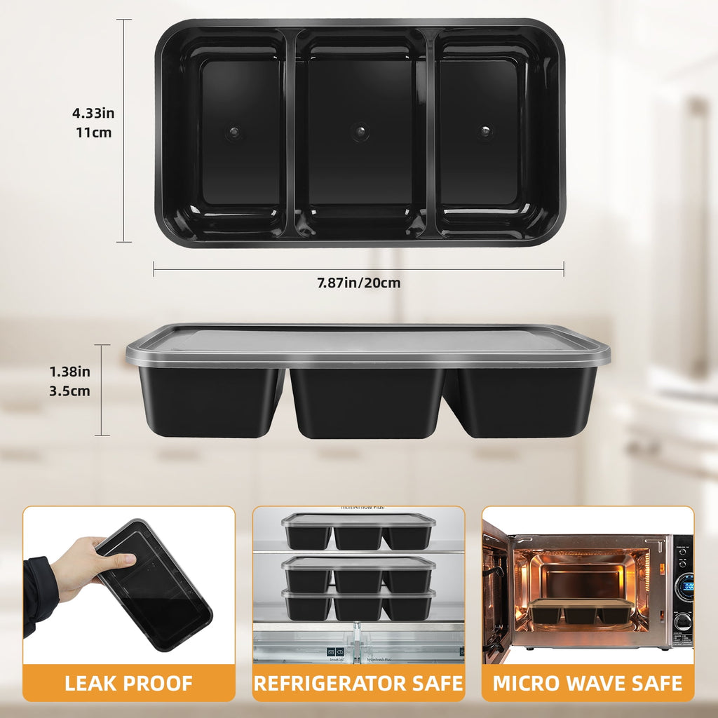 Retrocular 30 Pack 20 oz Meal Prep Containers with Lids, 3 Compartments Disposable Plastic Bento Boxes Reusable Stackable Food Containers Travel Lunch Boxes (Black)