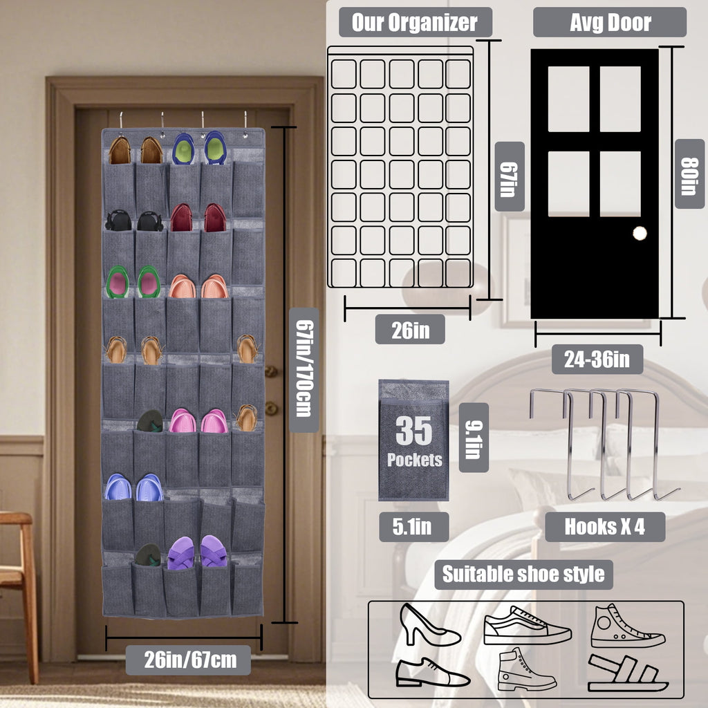 Retrocular Over the Door Shoe Organizer, 35 Pockets Hanging Rack Closet Shoe Organizers Storage, Gray