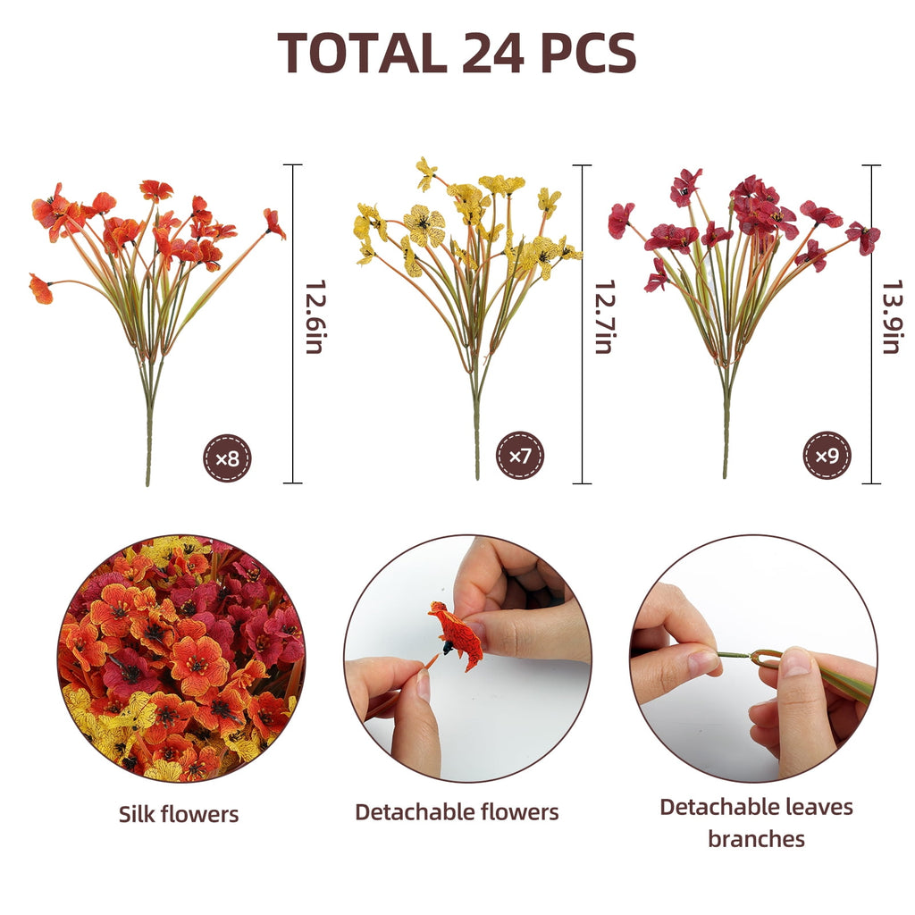 Retrocular 24 Bundles Artificial Fall Flowers, Autumn Faux Silk Flowers Fake Plants Fall Decoration for Home Outdoor Garden Porch